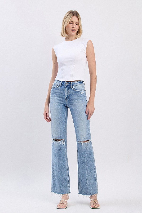 HIGH RISE DISTRESSED SLIM WIDE JEAN...